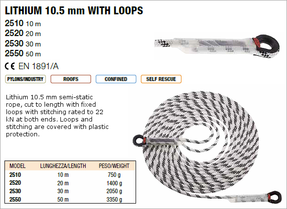 CAMP 2510-2550 - Lithium 10.5 mm (Semi-Static) Rope With Loops 